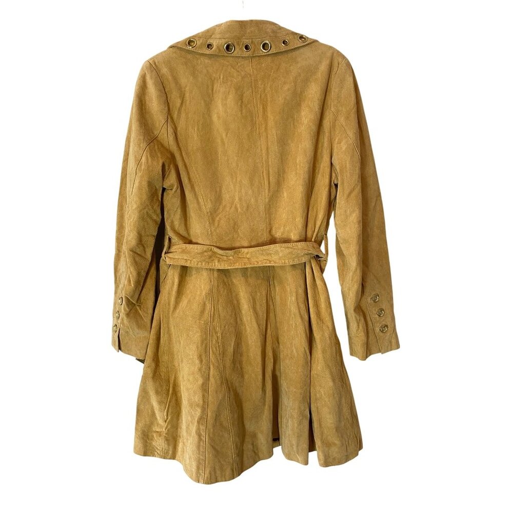 Bradley Bayou Mustard Yellow Suede Leather Trench Coat Grommet Detail Belt Large - Picture 2 of 14